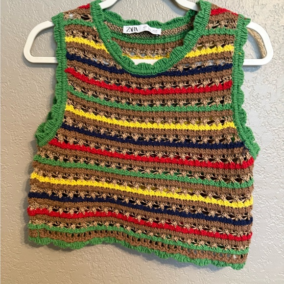 Zara Tops - Zara Striped Crochet  Tank with Green Trim